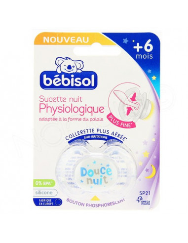 Bébisol Sucette Nuit physiologique silicone +6 mois. x1 Transparent Douce Nuit