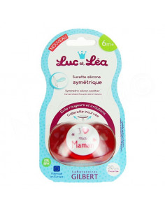 Luc et Léa Sucette Silicone Symétrique 6m+ Rouge J'aime ma Maman