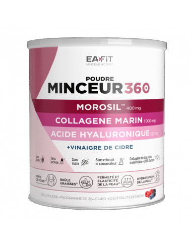 Eafit Minceur 360 Morosil Collagène marin Acide Hyaluronique Vinaigre de cidre. 200g poudre pot blanc rose