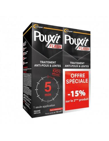 Pouxit Flash Lotion Spray Anti-Poux. Lot 2x150ml traitement + peigne