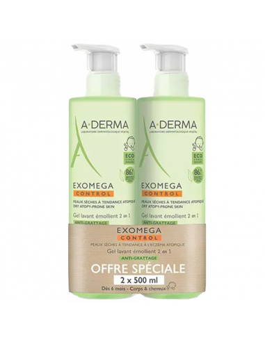 Aderma Exomega Control Gel lavant émollient 2en1. Lot 2x500ml