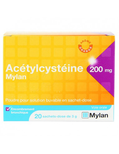 Mylan Acétylcystéine 200mg Encombrement Bronchique. 20 sachets-dose de 3g